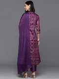 Varanga Women Purple Anarkali Kurta With Mandarin Collar And Three-Quarter Sleeves, Bandhani Print Purple 2Xl