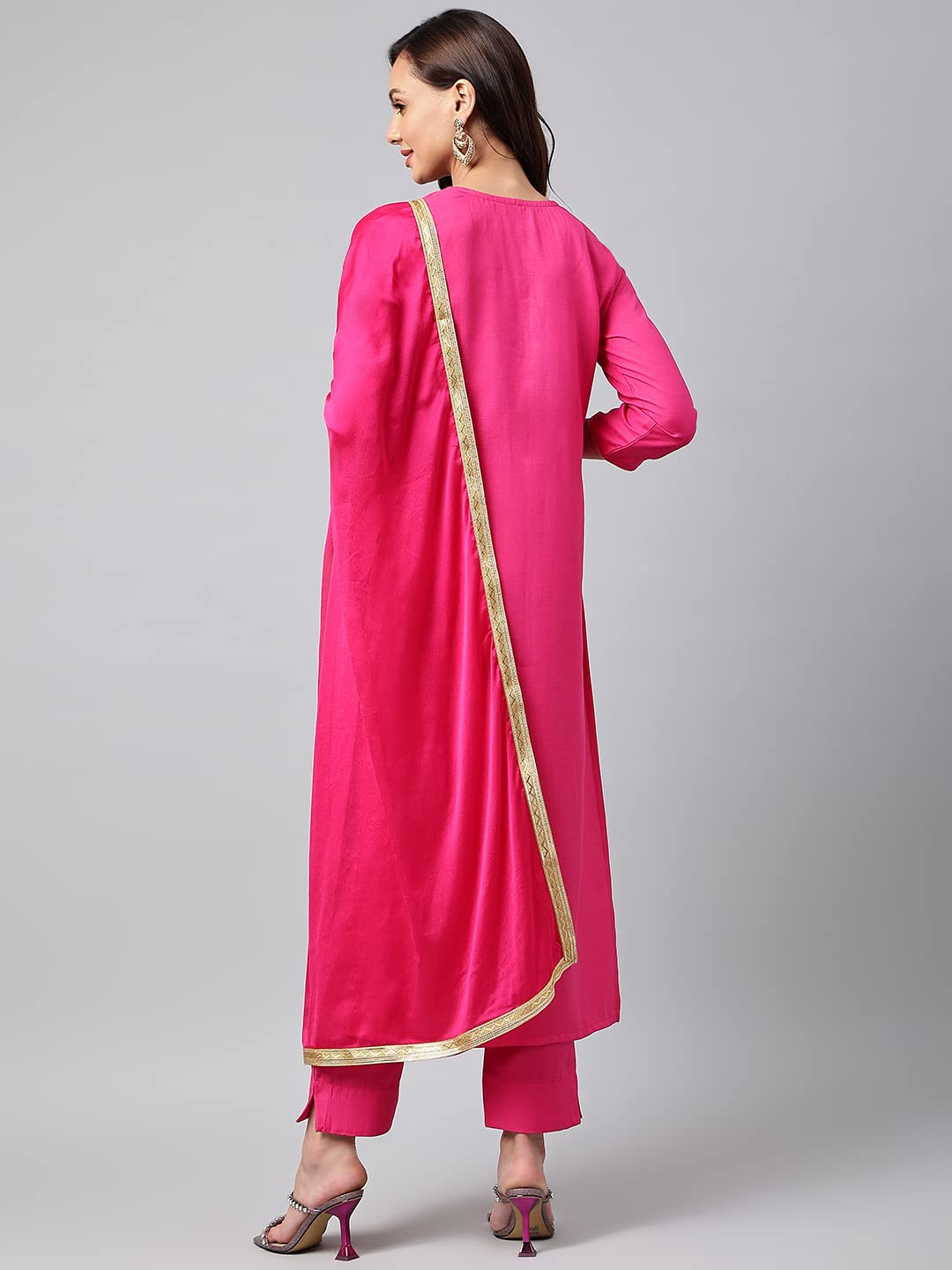 Anni Designer Women'S Cotton Blend Embroidered Straight Kurta With Pant & Dupatta (Lissy Sty Pink_L_Pink_Large),Pink,L,Cotton Blend,Straight,Kurta, Scarf