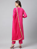 Anni Designer Women'S Cotton Blend Embroidered Straight Kurta With Pant & Dupatta (Lissy Sty Pink_L_Pink_Large),Pink,L,Cotton Blend,Straight,Kurta, Scarf