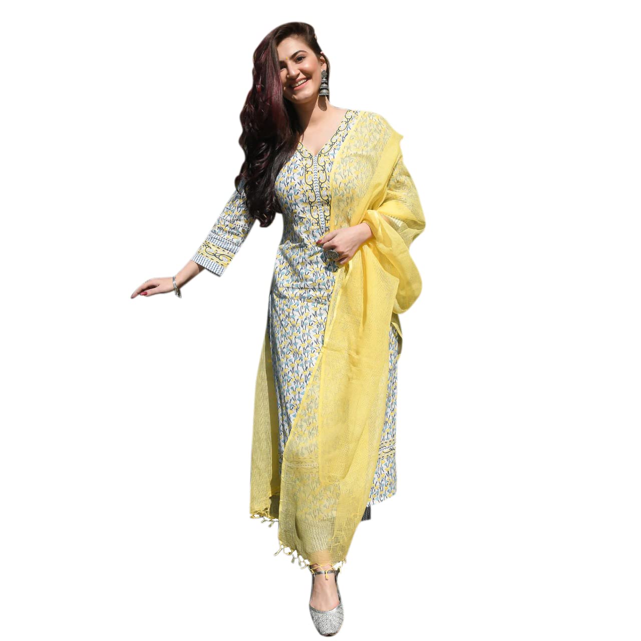 Gosriki Women'S Cotton Blend Straight Kurta With Pant & Dupatta (Murhar-Yellow_Xl-Go_Yellow_X-Large),Yellow,,B09WD8WGDN