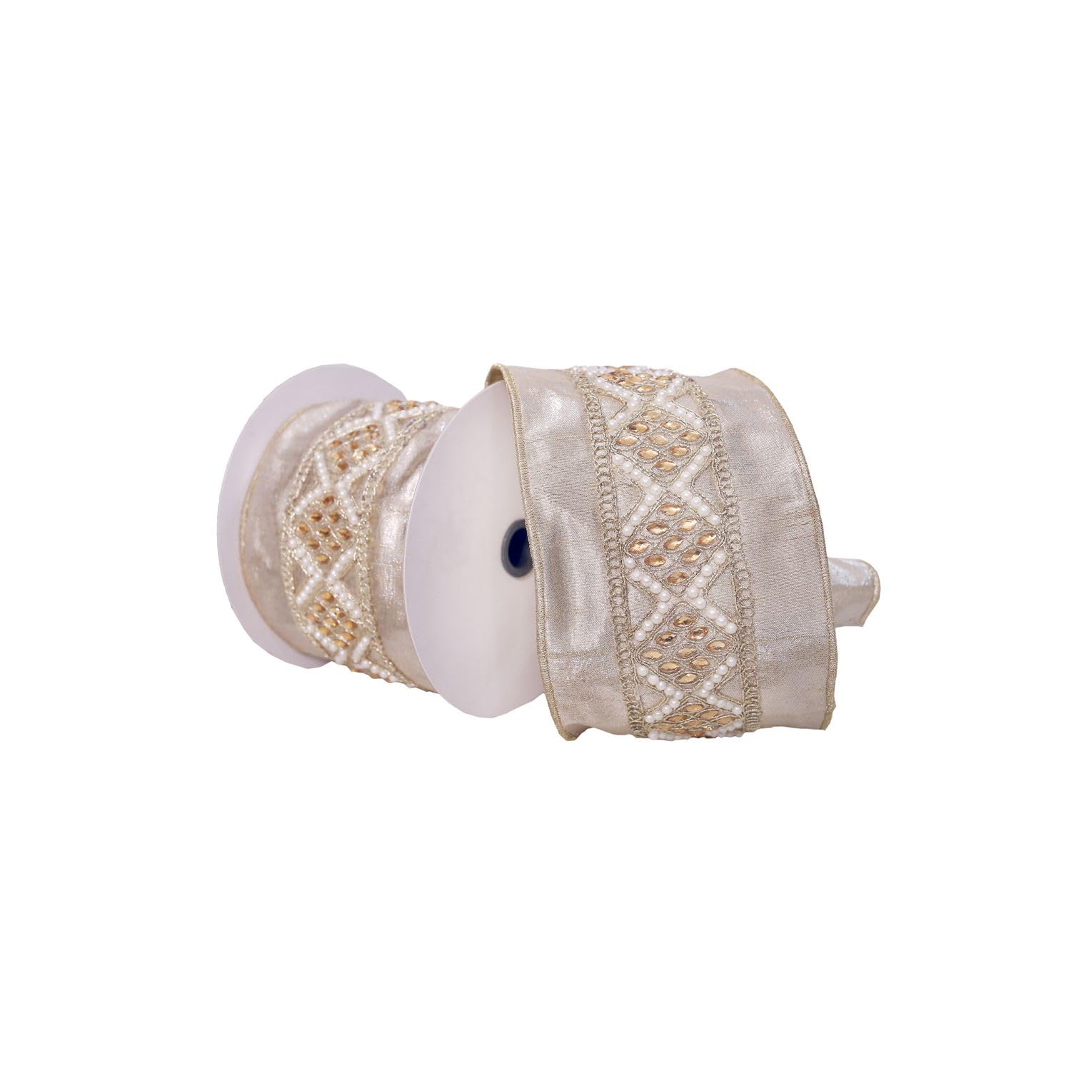 Vickerman 4 X 5 Yards Champagne With Pearls And Gold Jewels Wired Edge Christmas Ribbon.