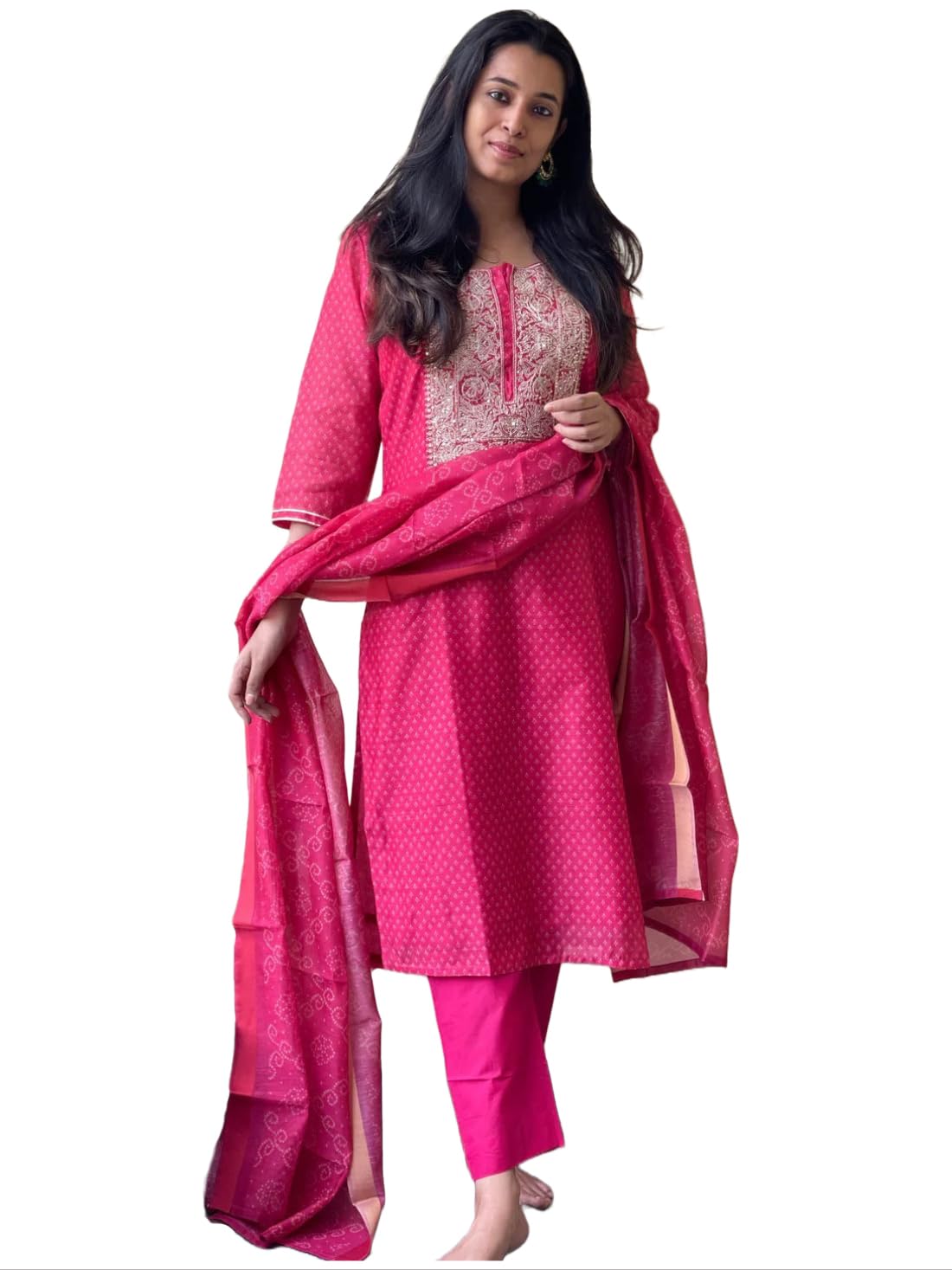 Gosriki Women'S Cotton Blend Straight Printed & Embroidered Kurta With Pant & Dupatta (Radha Rani-Gs_M_Pink_Medium),Pink,,B0CBPS59SZ