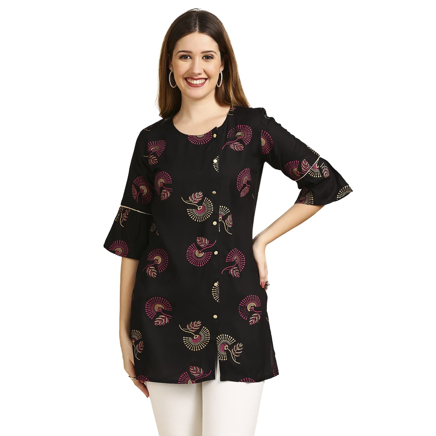 anubhutee Black Floral Print Straight Short Cotton Kurti for Women