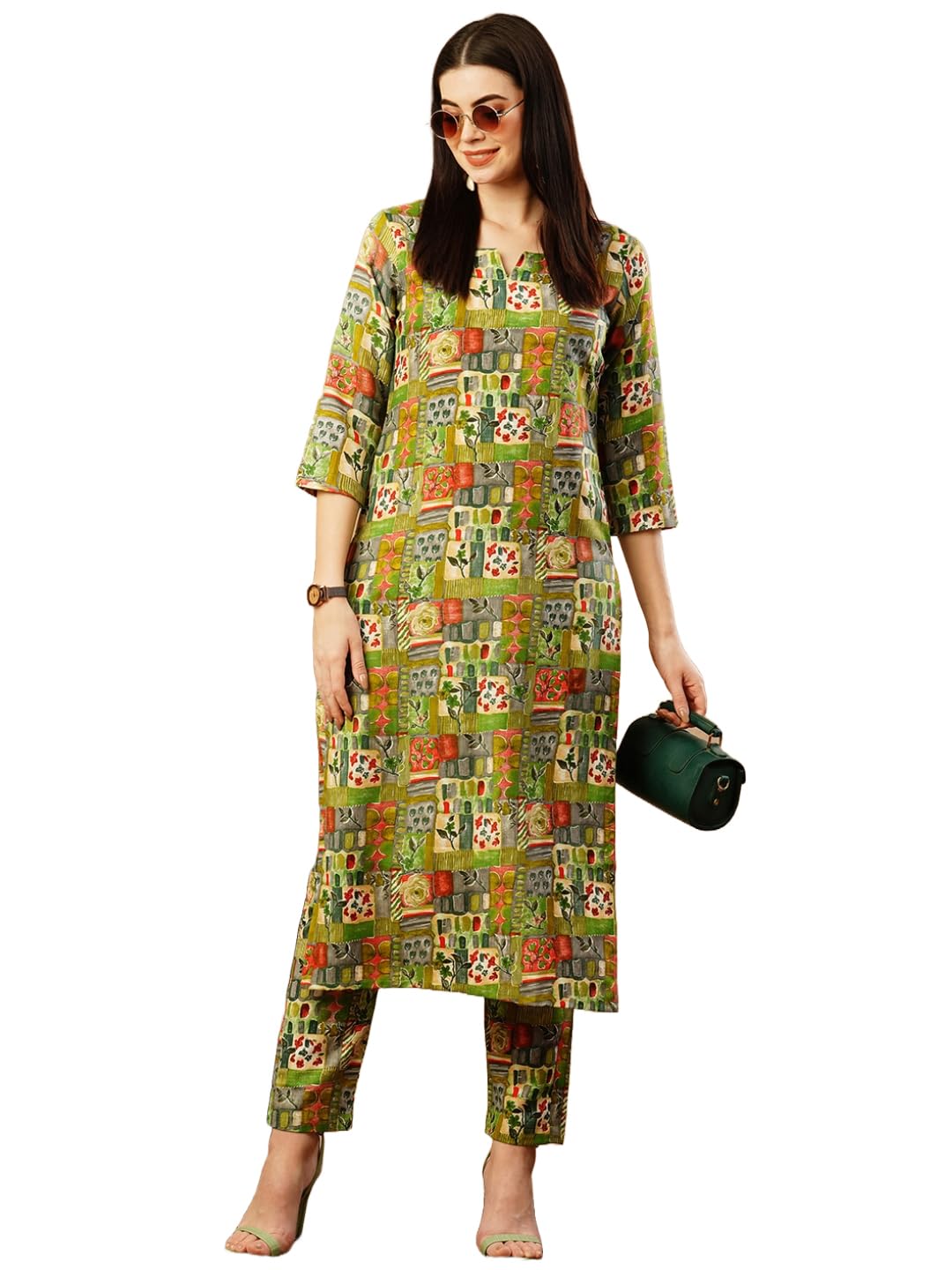 Anni Designer Women'S Cotton Blend Straight Printed Kurta With Pant (Ing 10 Green_L_Green_Large),Green,L