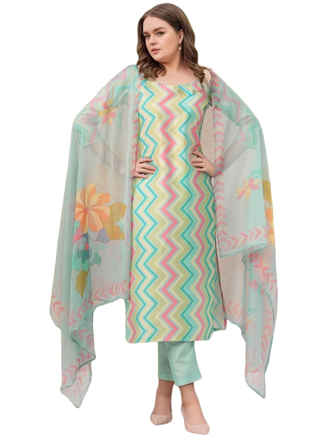 Anni Designer Women'S Rayon Viscose Straight Printed Kurta With Pant & Dupatta (Zaggu Pista-Vks01_S_Pista_Small),Pista,S,,,