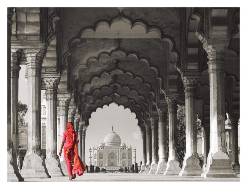 Woman In Traditional Sari Walking Towards Taj Mahal (Bw)-Paper Art-34,,X26,,