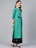 Idalia Navy Blue & Rama Green Ethnic Kurta Set For Women 3/4 Sleeve, Round Neck Cotton A-Line Solid Kurta With Palazzo Pant Set Rama Green & Navy Blue 2Xl