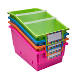 Really Good Stuff Chapter Book Library Bins with Dividers, 8 x 13 x 7 4 Pack, Neon | Plastic Shelf Bin Organizer for Classr