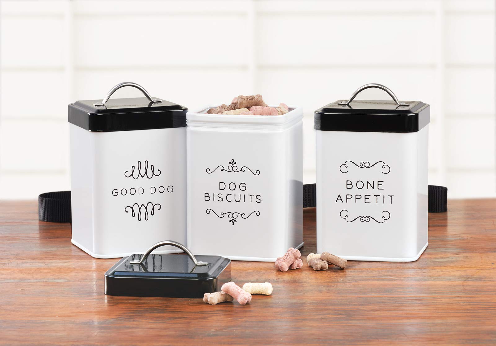 Amici Pet Pet Treat Collection, , Sparky Dog Biscuits Metal Storage Canister, 36 oz, White