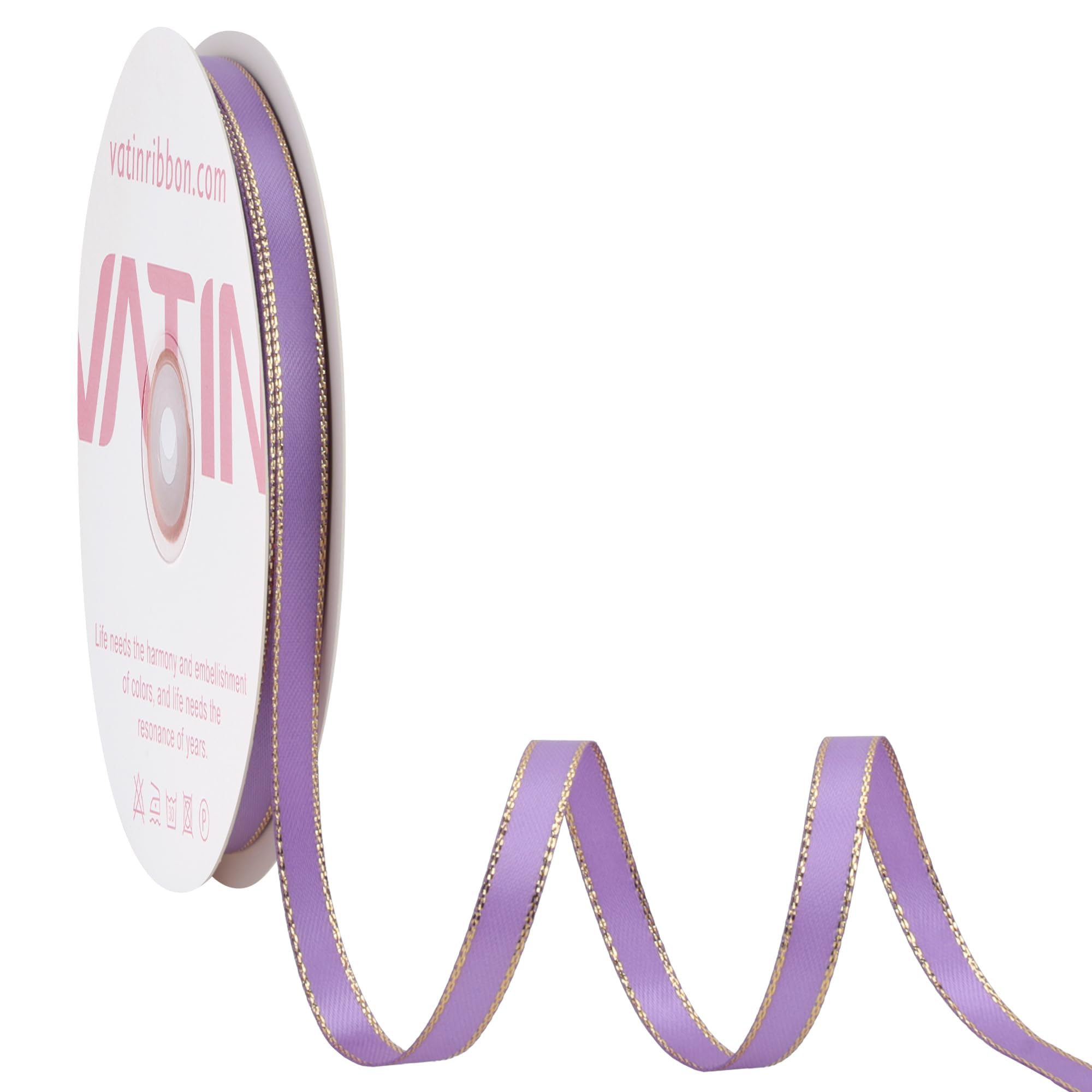 VATIN Double Faced Satin Ribbon 1/4 inch Lavender with Gold Edge Continuous 50 Yards for Decoration, Craft, Gift Wrappping Weddi