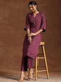 Libas Womens Woven Design Cotton Blend Straight Kurta With Trousers Burgundy M