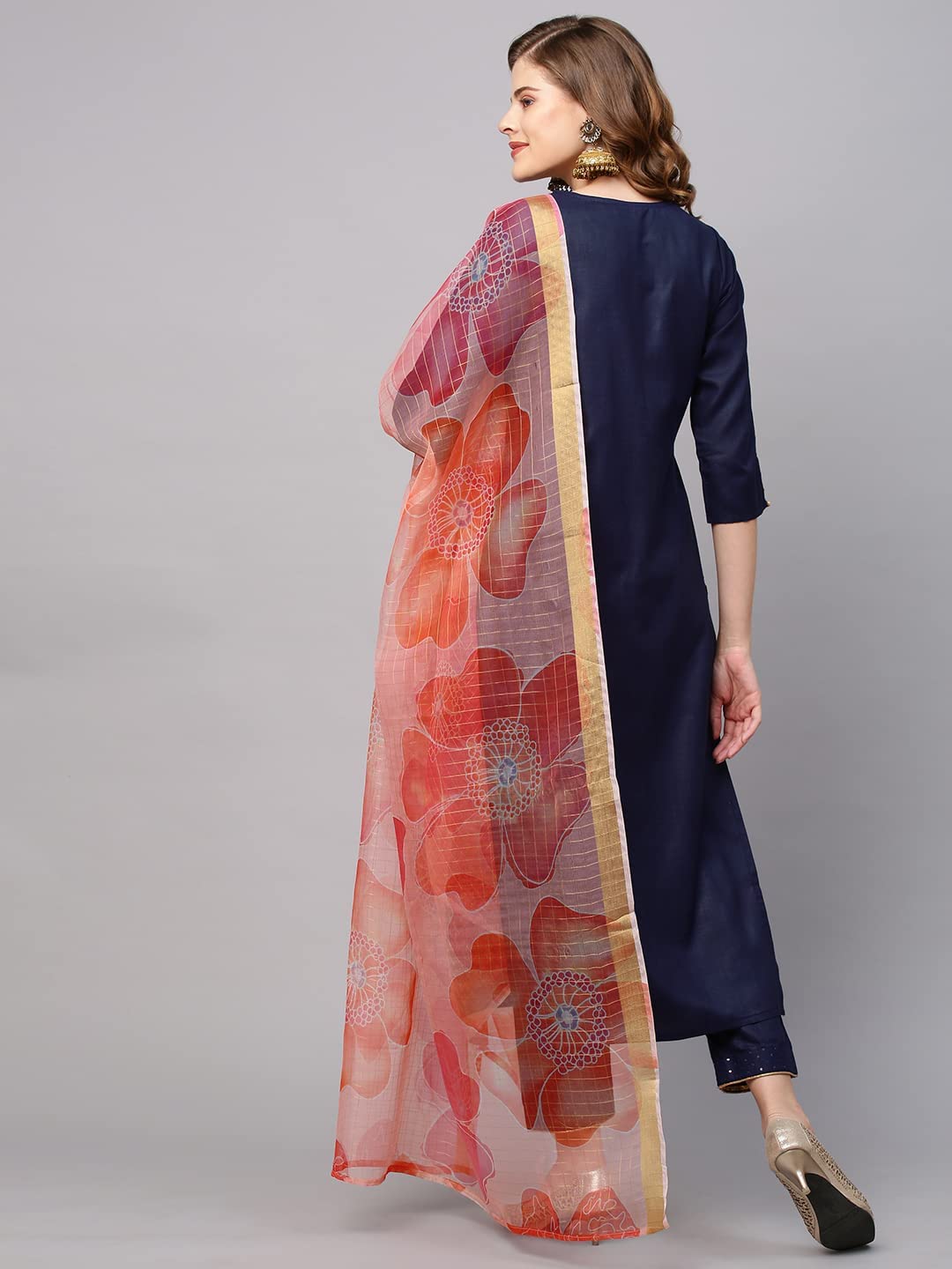 Anni Designer Women'S Cotton Blend Straight Solid Kurta With Pant & Dupatta (Jhony Blue-Nwst_L_Dark Blue_Large),Dark Blue,L,Cotton Blend,Regular,Kurta, Scarf