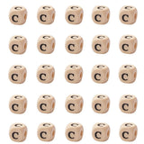 KISSITTY 100pcs Letter C Wood Beads for Key Chains Cube Wooden Beads 10mm Large Hole Natural Square Alphabet Wooden Loose Beads 