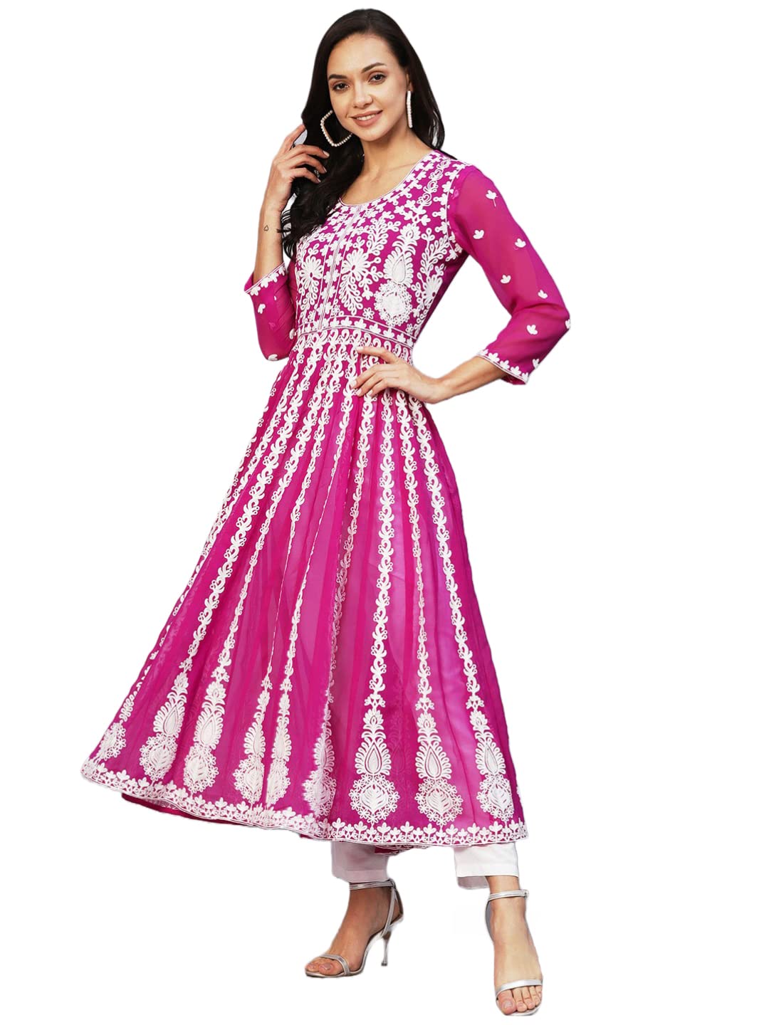 Anni Designer Women'S Georgette Chikankari Embroidered Anarkali Kurti (Kari Pink-Nw1_Xl_Dark Pink_X-Large),Pink,XL