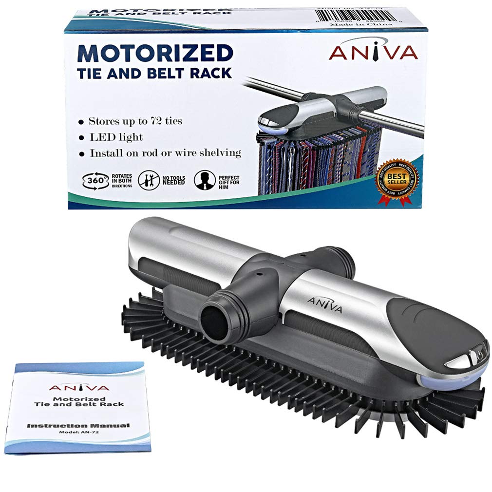 Aniva Motorized Tie Rack Closet Organizer with LED Lights Includes J Hooks for Wired Shelving Stores Up to 72 Ties & 8 Belts, Op