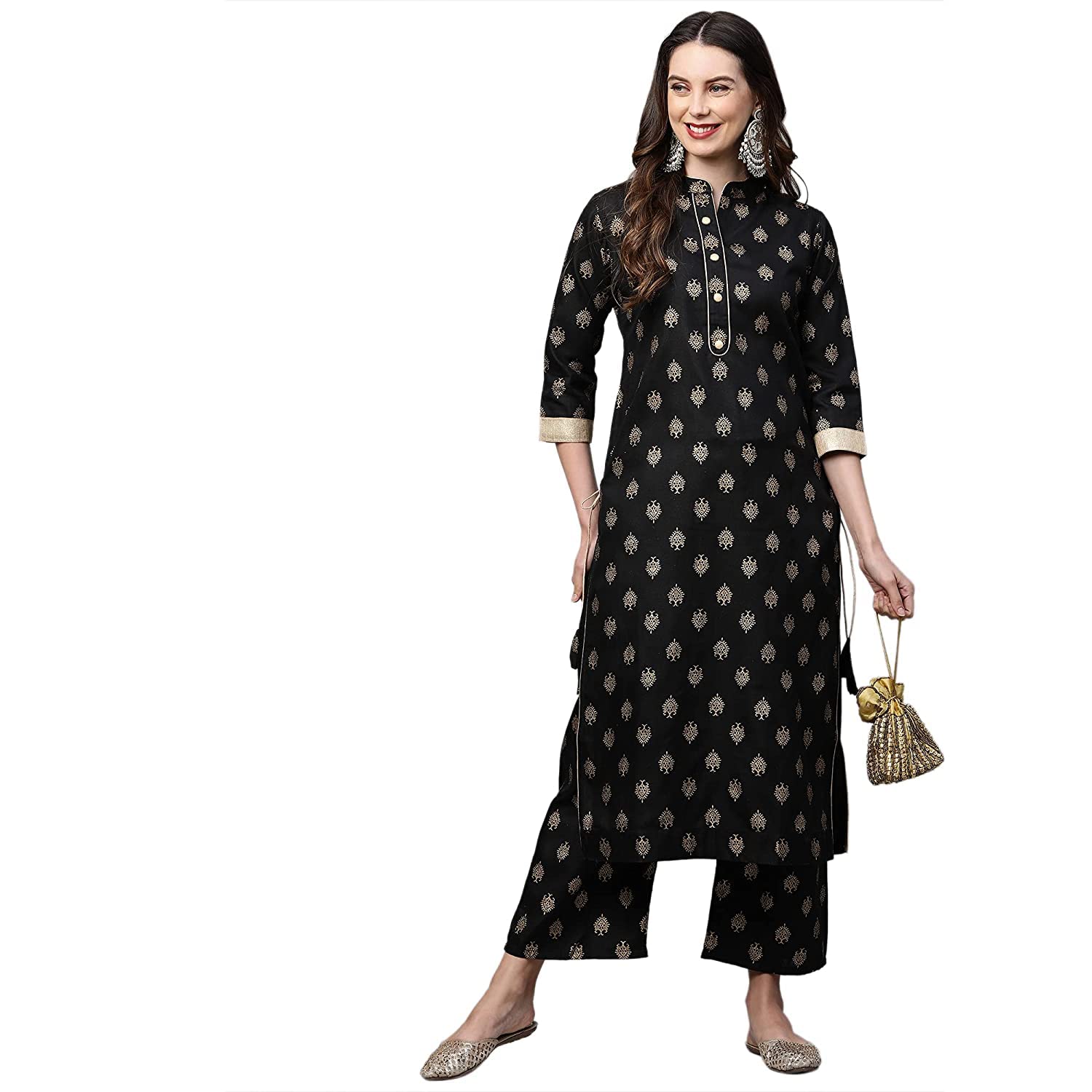 Gosriki Women'S Cotton Blend Straight Solid Kurta With Pant (Parbeen Nw Black & Gold_S-Go_Black & Gold_Small),Black & Gold,,B0B9L6SGLT