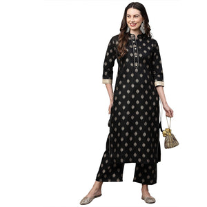 Gosriki Women'S Cotton Blend Straight Solid Kurta With Pant (Parbeen Nw Black & Gold_S-Go_Black & Gold_Small),Black & Gold,,B0B9L6SGLT