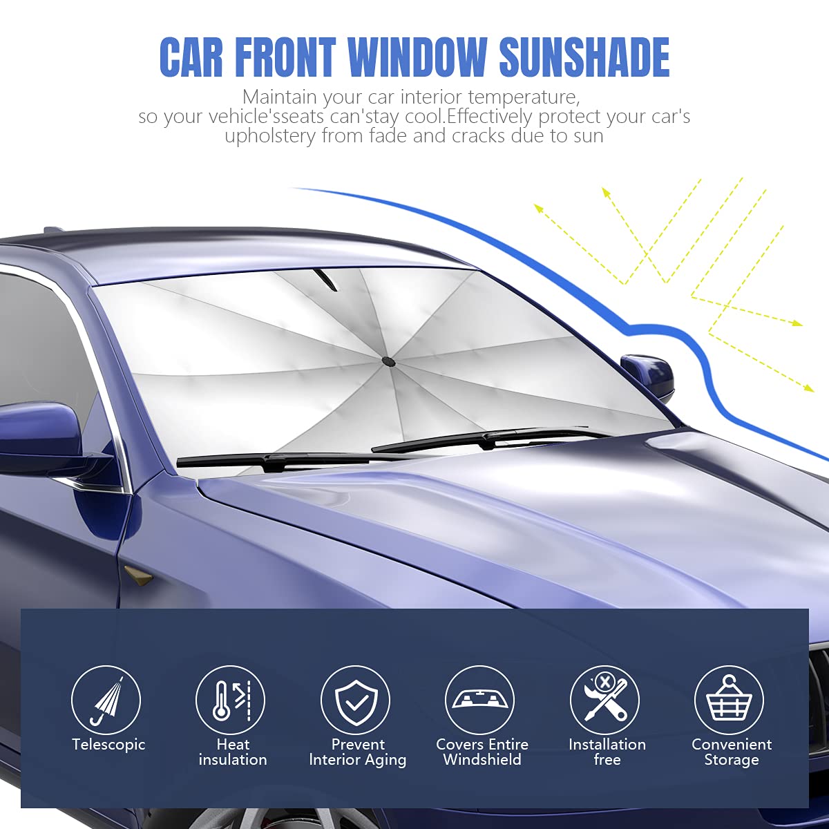 Sedan SUV Car Sun Shade for Windshield UV Rays and Heat Sun Visor Protector, Foldable Windshield Sun Shade Umbrella,Keep Car Coo