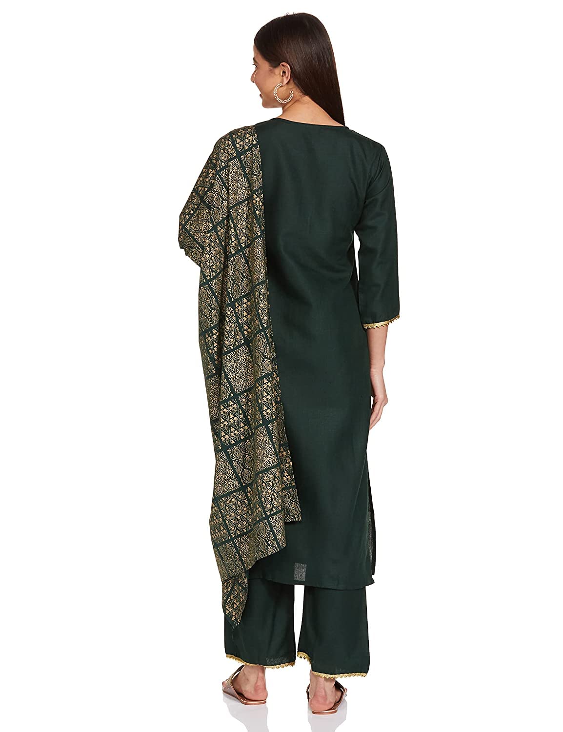 Anni Designer Women'S Cotton Blend Straight Printed Kurta With Pant & Dupatta (Sonari Gold & Green_L_Gold & Green_Large),Gold & Green,L,Cotton Blend,Straight,Dupatta