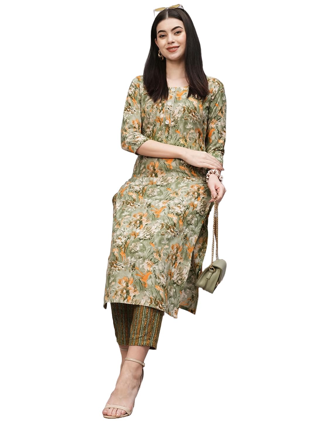 Gosriki Women'S Cotton Blend Straight Printed Kurta With Pant (Seep Green-Gs_Xl_Green_X-Large),Green,,B0CT3L4RPF