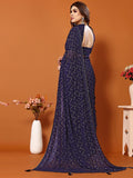 Satrani Womens Georgette Foil Print Saree With Unstitched Blouse Piece(3066S2123N_Blue)