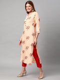 Anni Designer Women'S Cotton Blend Traditional Straight Printed Kurta And Pant Set (Amd 22-Cream_Xl_Cream_X-Large),Cream & Red,XL,Cotton Blend,Regular,Pants, Kurta