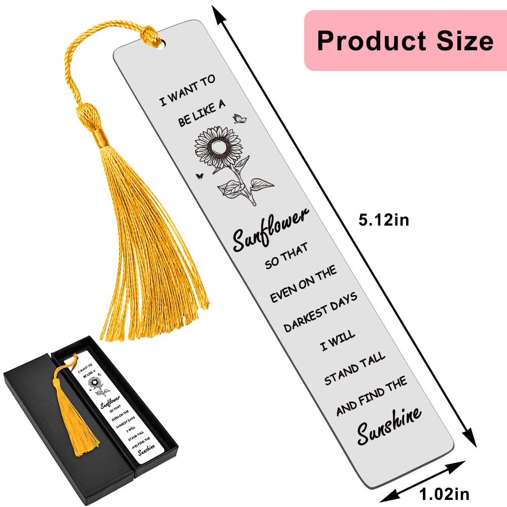 Quimoy Sunflower Gifts for Women Girls, Inspirational Gifts for Women, Sunflower Bookmark with 3 PCS Tassels for Christmas, Birt