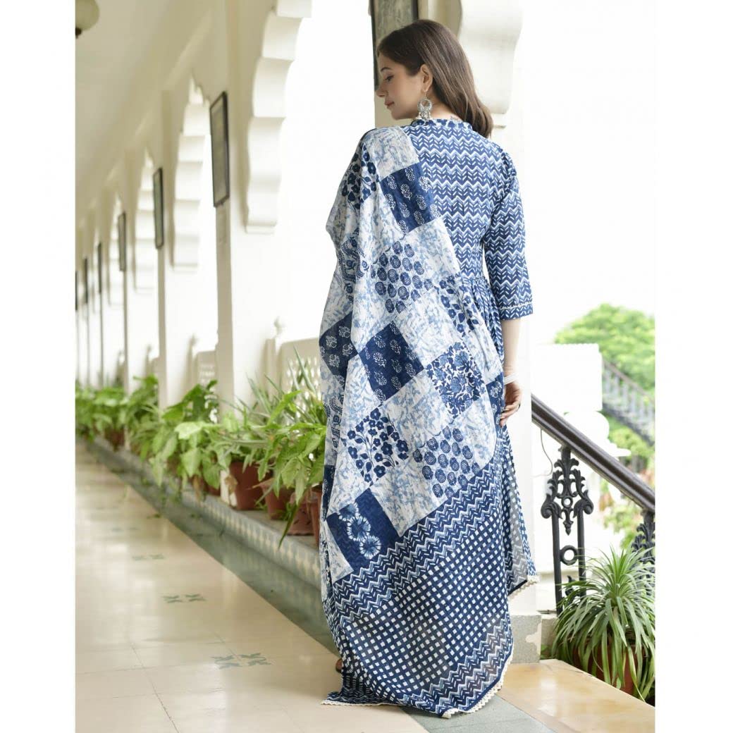 Gosriki Women'S Cotton Blend Anarkali Printed Kurta With Pant & Dupatta (Damini Blue-Gs_Xl_Blue_X-Large),Blue,,B0C541X3J7