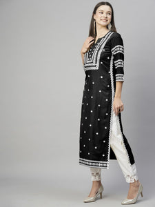 Anni Designer Women'S Cotton Blend Embroidered Straight Kurta (Stho-Black-Nw_L_Black_Large),Black,L,Cotton Blend,Regular,Kurta