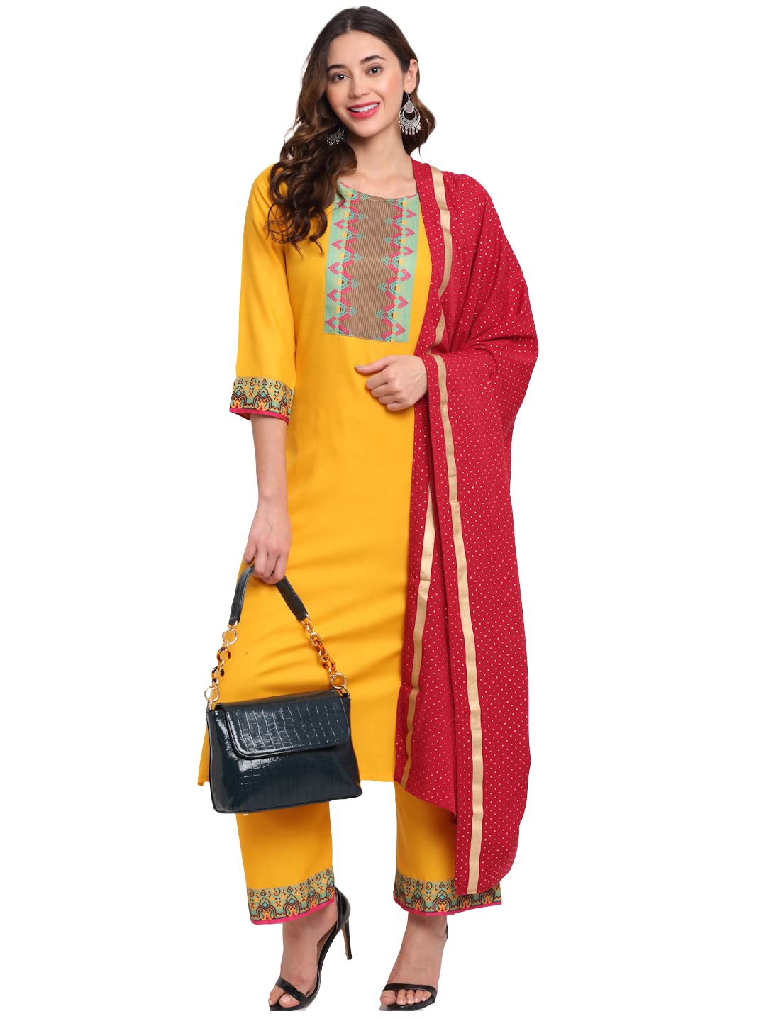 Anni Designer Women'S Cotton Straight Kurta With Palazzo & Dupatta (Hani Yellow_Xl_Yellow_X-Large),Yellow,XL