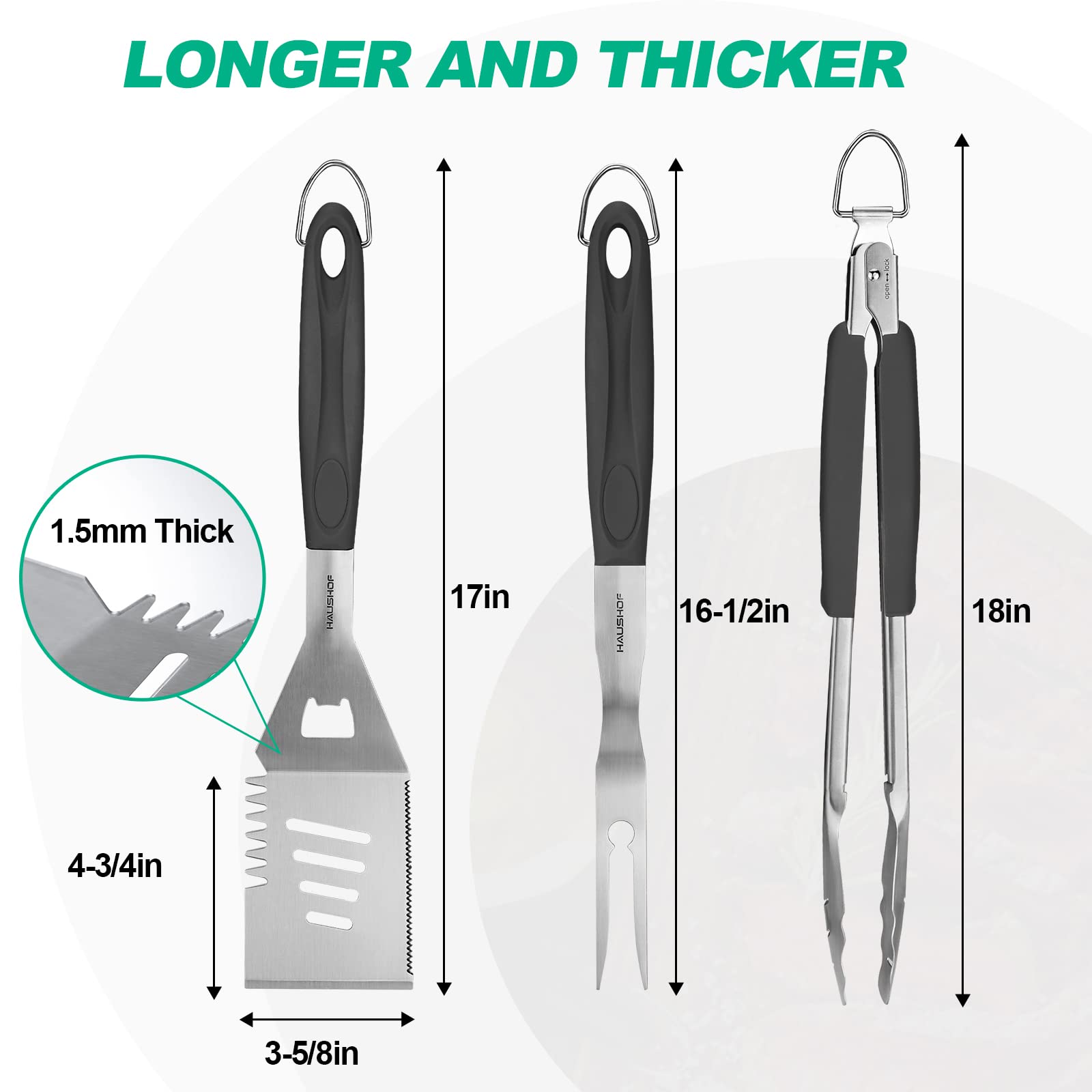 HAUSHOF Large Grill Accessories Heavy Duty BBQ Set Gifts for Men/Women - Premium Stainless Steel Spatula, Fork & Tongs (16.5/16/