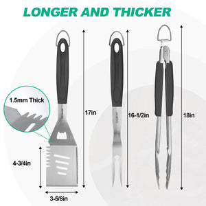 HAUSHOF Large Grill Accessories Heavy Duty BBQ Set Gifts for Men/Women - Premium Stainless Steel Spatula, Fork & Tongs (16.5/16/