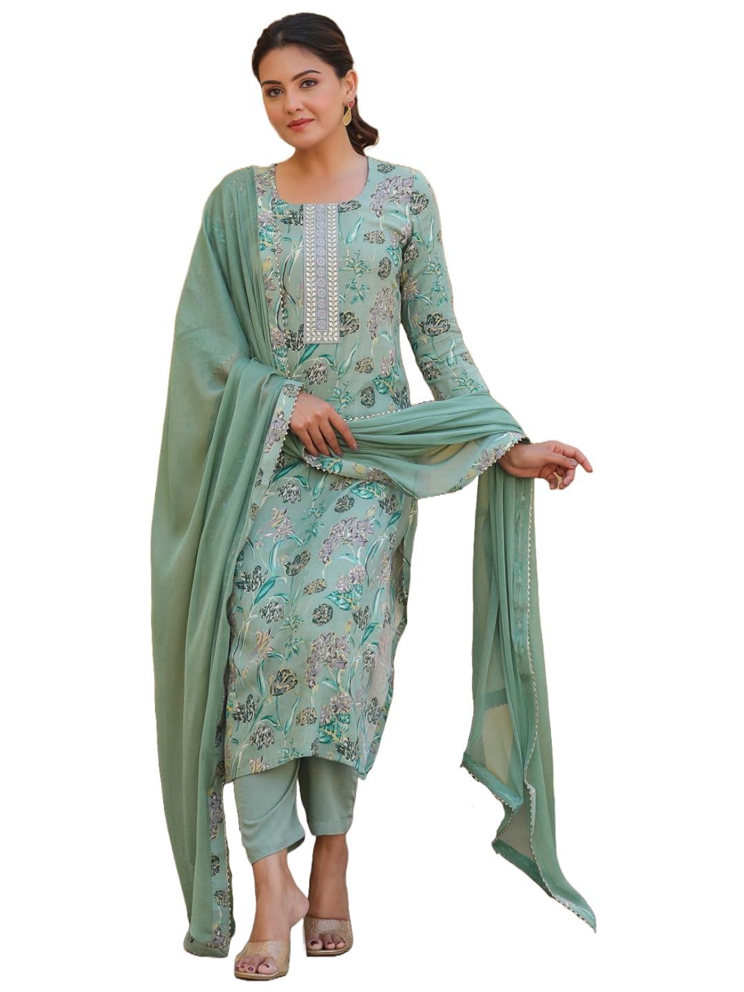 Gosriki Women'S Rayon Blend Printed Straight Kurta With Pant & Dupatta (Vice Green-Nw-Gs_Xl_Green_X-Large),Green,,B0CXP1GK1L