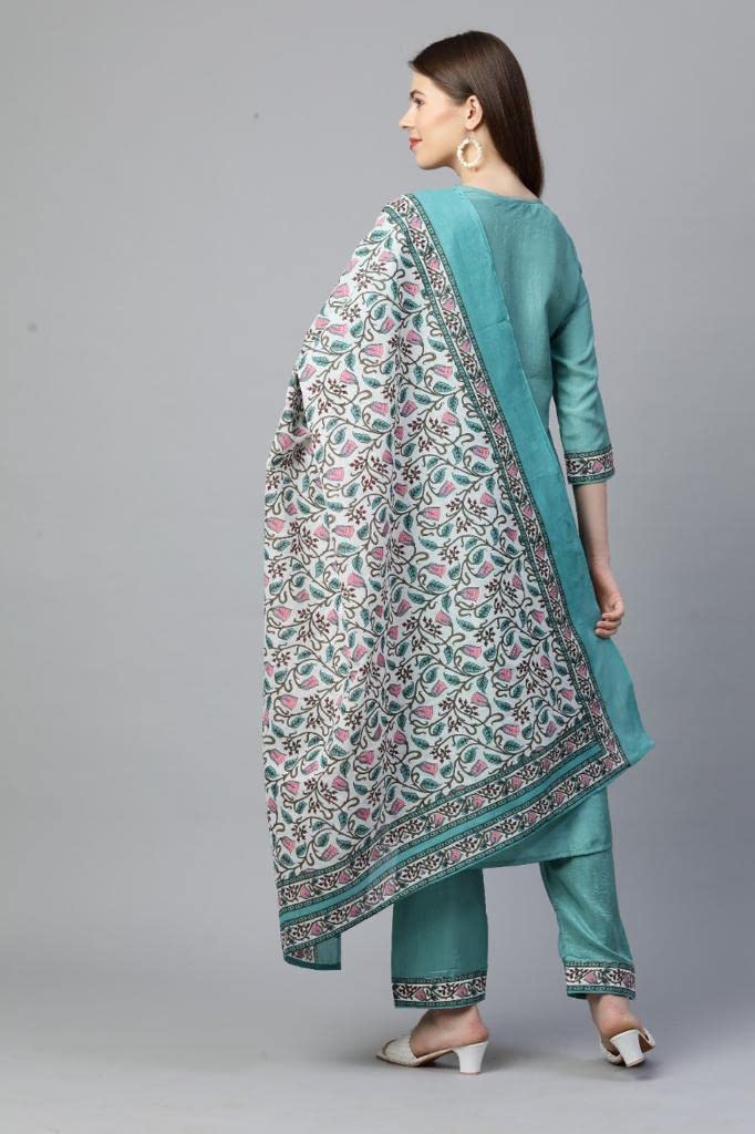 Gosriki Women'S Silk Blend Straight Kurta With Pant & Dupatta (Deal-Sea-Green_L-Go_Green_Large),Green,,B09NRM9V61