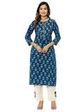 rytras Women's Cotton Printed Straight Kurta with Palazzos Pant(RYT546,Blue,L)