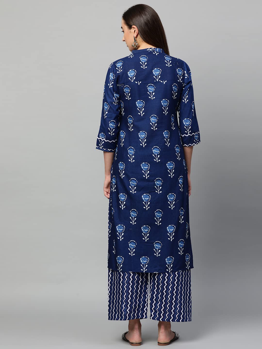 Gosriki Women'S Pure Cotton Flower Print Kurta Plazzo Set (Blue Xl),Blue,,B08W2P8BYS