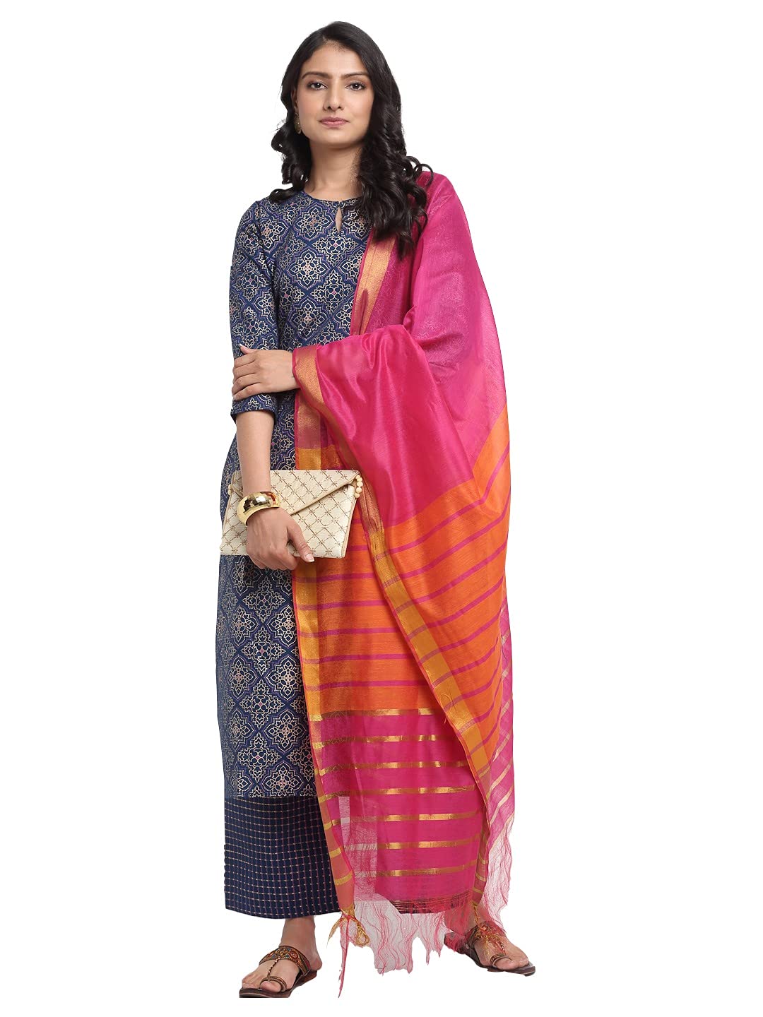 Gosriki Women'S Rayon Cotton Foil Printed Straight Kurta With Palazzo & Dupatta (Kshi Blue_M_Blue_Medium),Blue,,B0976YVRKS