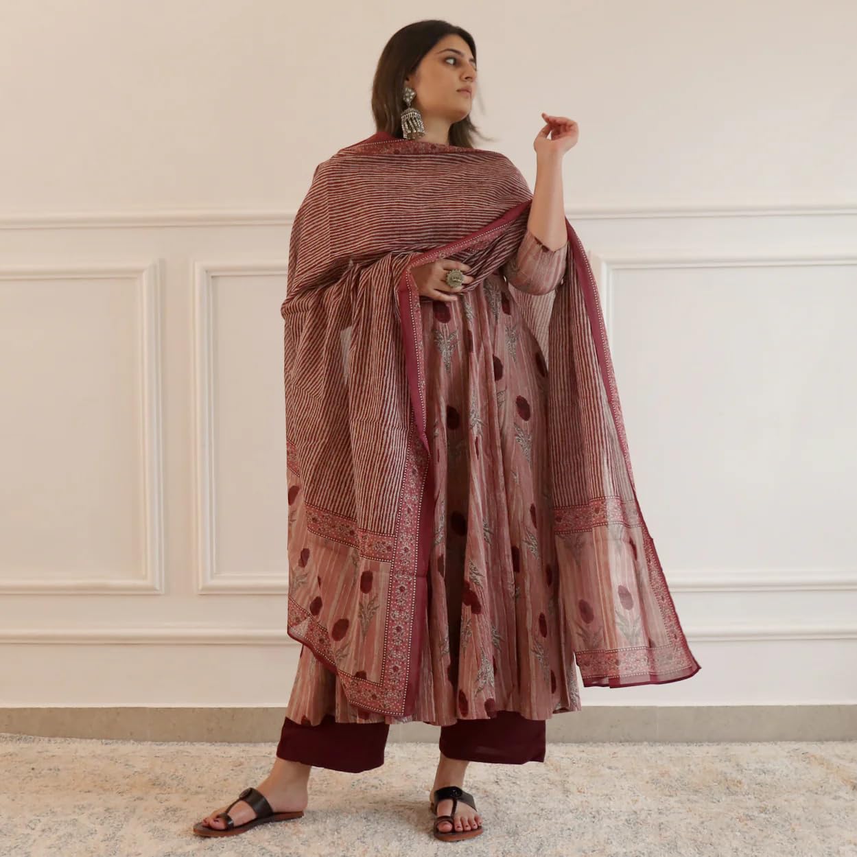 Anni Designer Women'S Rayon Blend Floral Regular Kurta With Pant & Dupatta (Prisha Wine,Wine,L,Rayon Blend,Anarkali,Pant, Dupatta