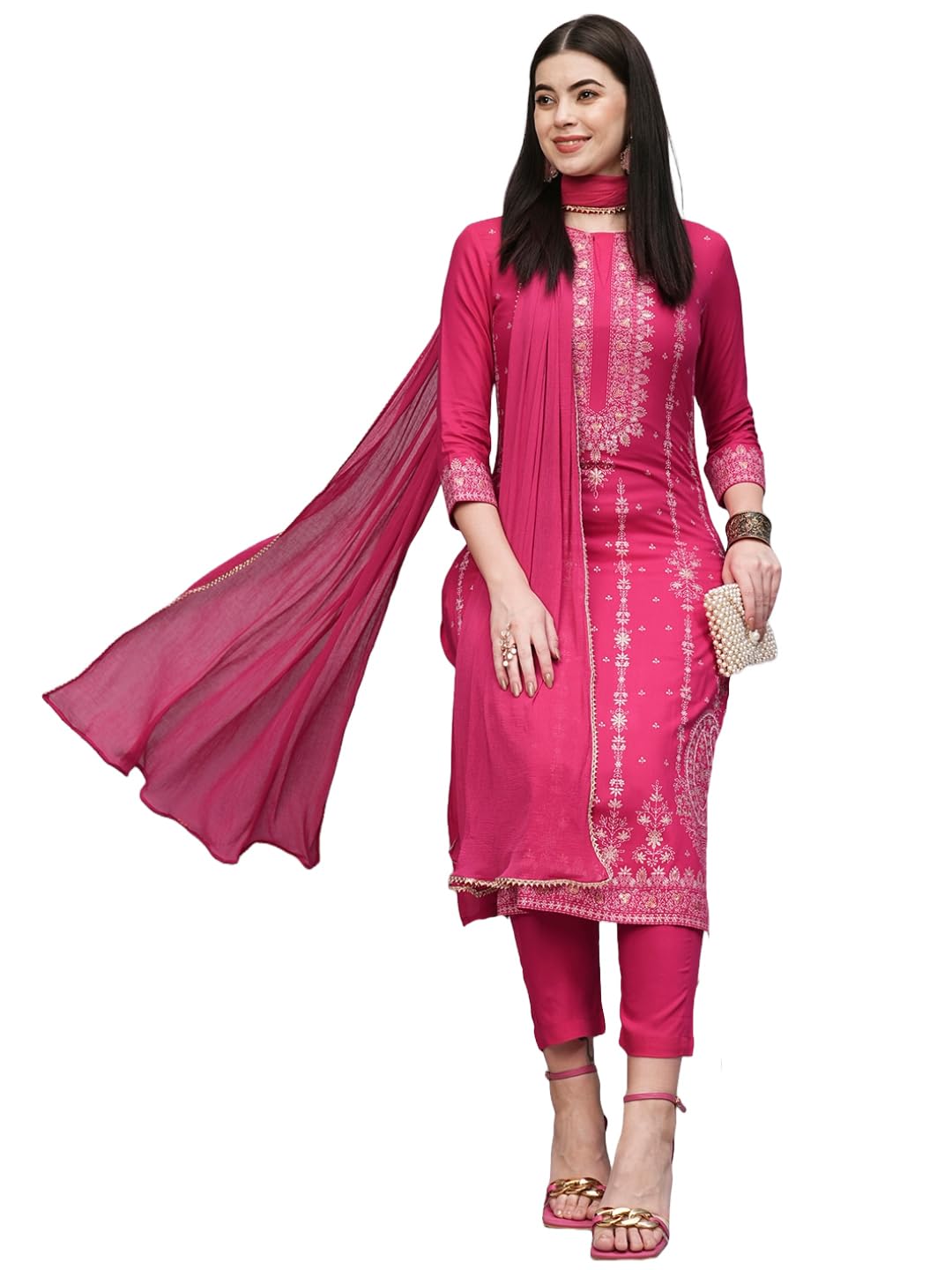 Gosriki Women'S Cotton Blend Straight Printed Kurta With Pant & Dupatta (Veronica Rani-Gs_S_Pink_Small),Pink,,B0CTHWVGH1