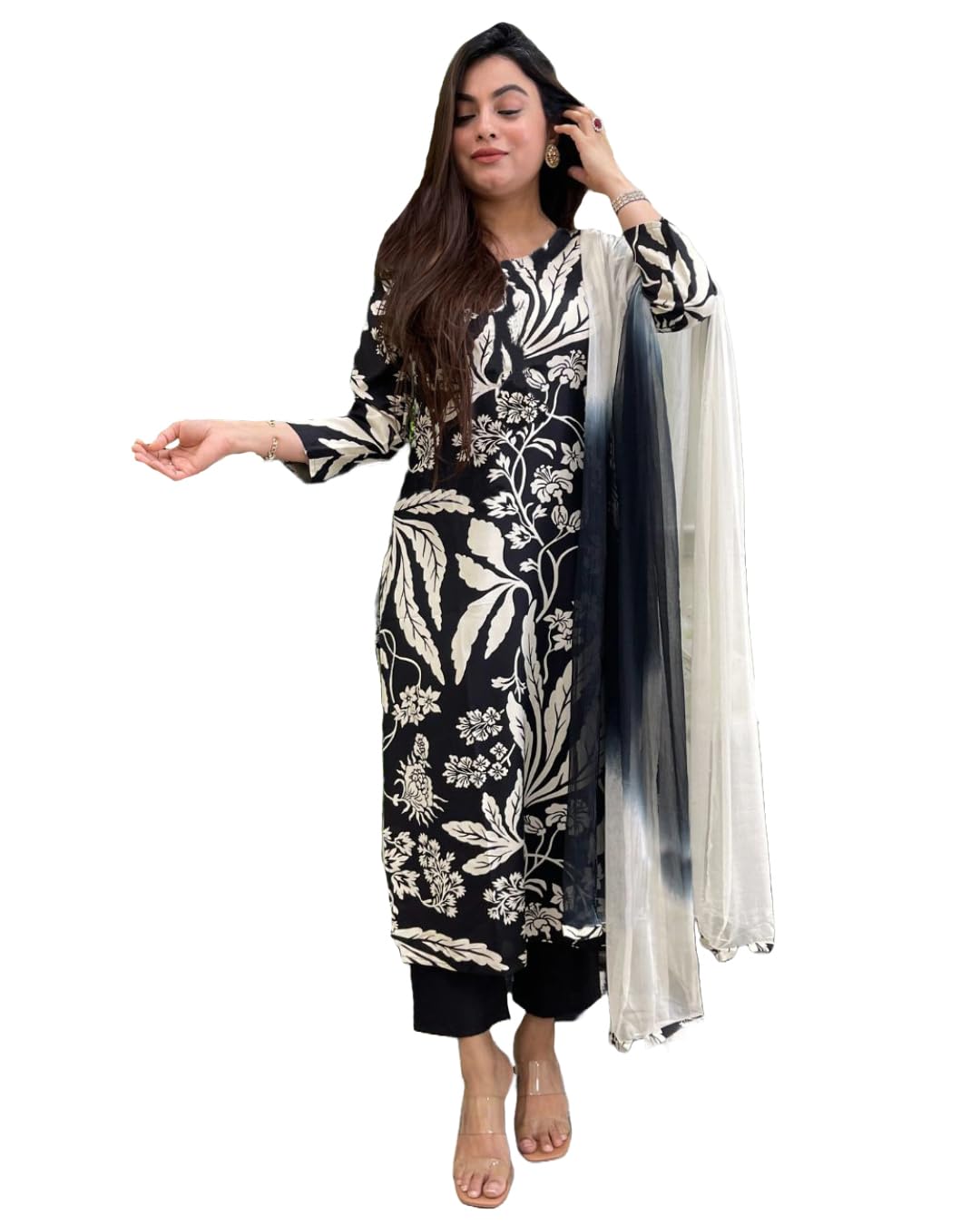 Gosriki Women'S Cotton Blend Printed Straight Kurta With Pant & Dupatta (Jasper Black-Gs_M_Black_Medium),Black,,B0D4J61SZ7