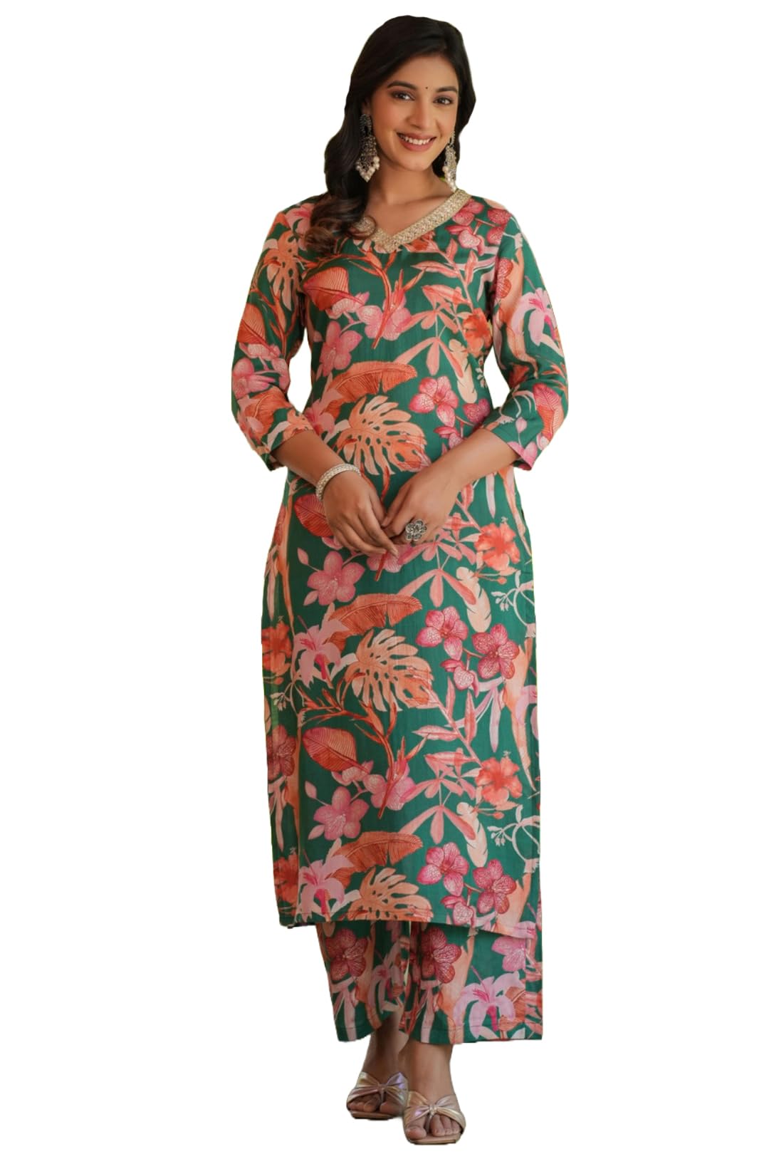 Anni Designer Women'S Cotton Blend Straight Printed Kurta With Pant (Chinki-Green-Sh_L_Green_Large),Green,L