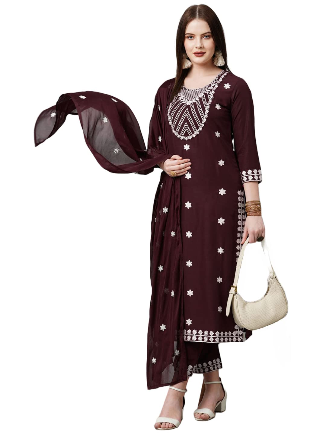 Gosriki Women'S Cotton Blend Embroidered Straight Kurta With Pant & With Dupatta (Dalfuna Wine_S-Gs_Wine_Small),Wine,,B0BMW14VVH