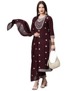 Gosriki Women'S Cotton Blend Embroidered Straight Kurta With Pant & With Dupatta (Dalfuna Wine_S-Gs_Wine_Small),Wine,,B0BMW14VVH