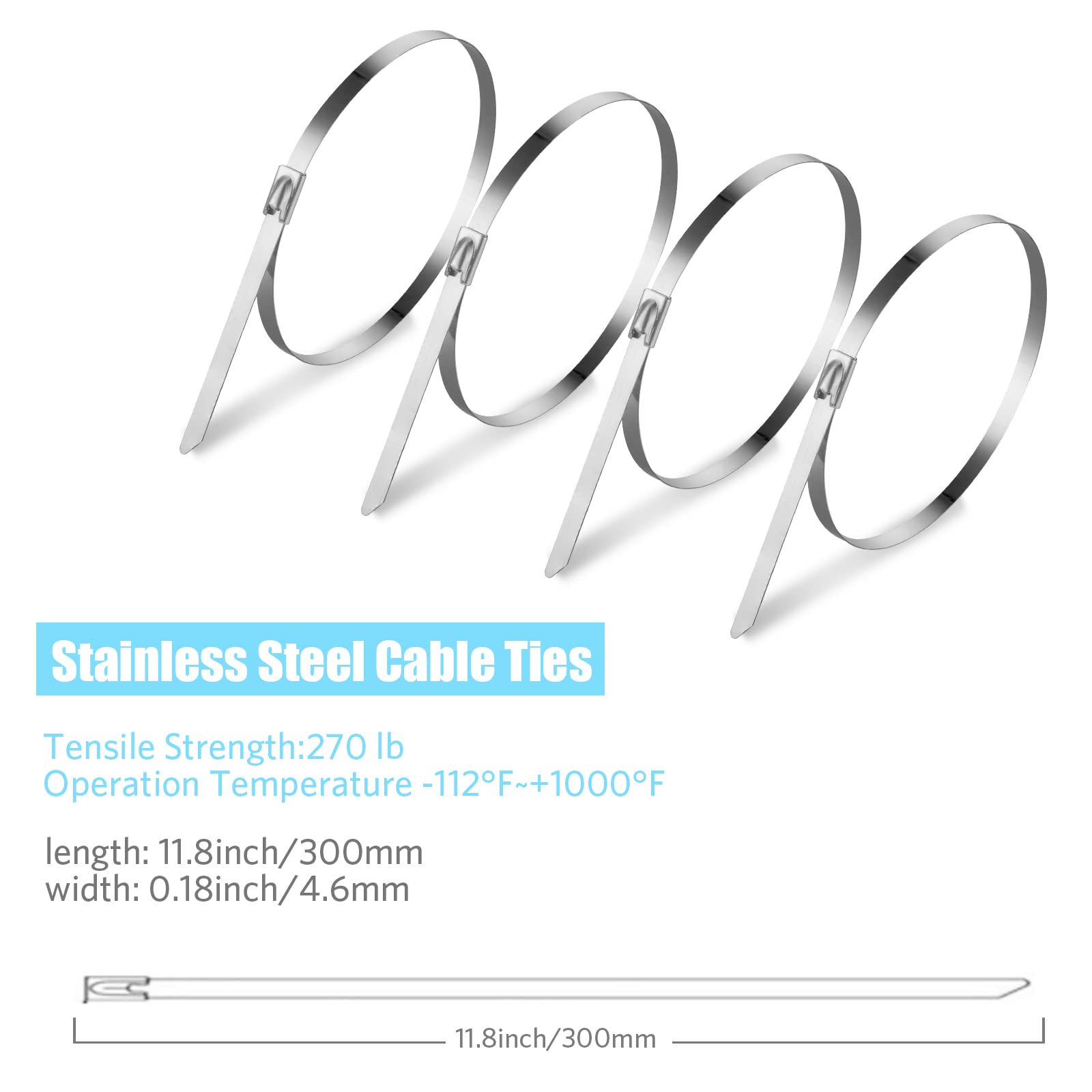 100PCS 11.8Inch Metal Cable Zip Ties - 304 stainless steel Heavy Duty Self-locking Cable Wire Tie Wrap for Fence Exhaust Wrappin