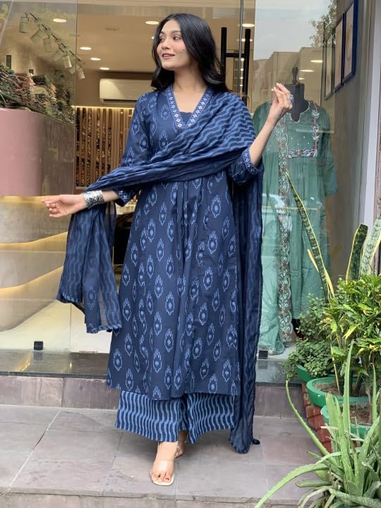 Alvami Women Printed A-Line Kurta And Pant Set With Dupatta (In, Alpha, S, Blue)