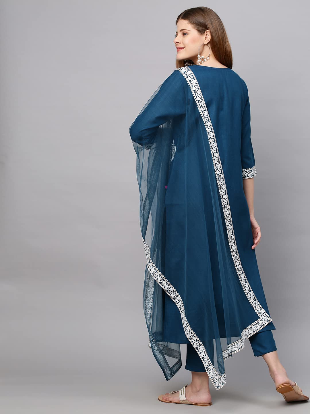 Anni Designer Women'S Cotton Blend Straight Embroidered Kurta With Pant & Dupatta (Weekend Rama-New_S_Rama_Small),Rama,S,Cotton Blend,Straight,Dupatta, Pant