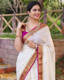 Flosive Ayn Women'S Present Banarasi Soft Lichi Silk Saree Beautiful Jacquard Rich Pallu Design Work Zari Devika Kanjivaram Silk Style Saree With Soft Lichi Silk Blouse Piece (Cream & Pink)