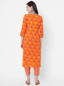 Gosriki Women'S Pure Cotton Flower Print Kurta With Palazzo (Orange Flower_M-Orange_Medium),Orange,,B098NZF15G