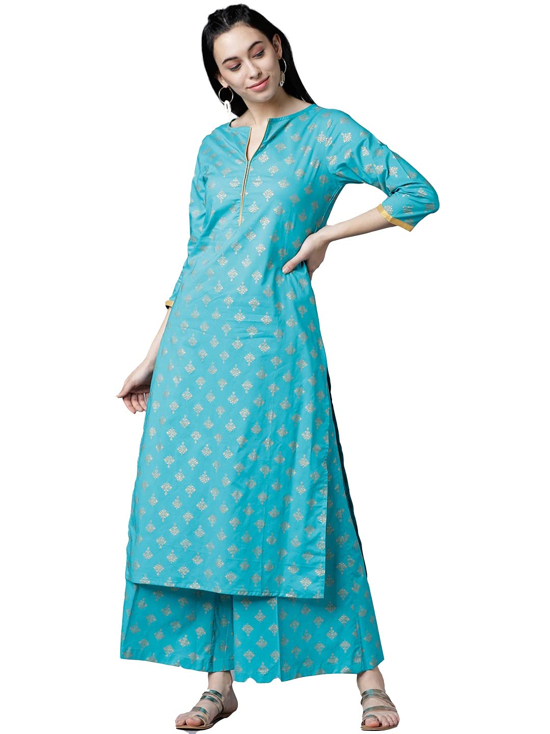Anni Designer Women'S Cotton Gold-Toned Printed Kurti With Palazzos (Devika-Blue_M),699,M