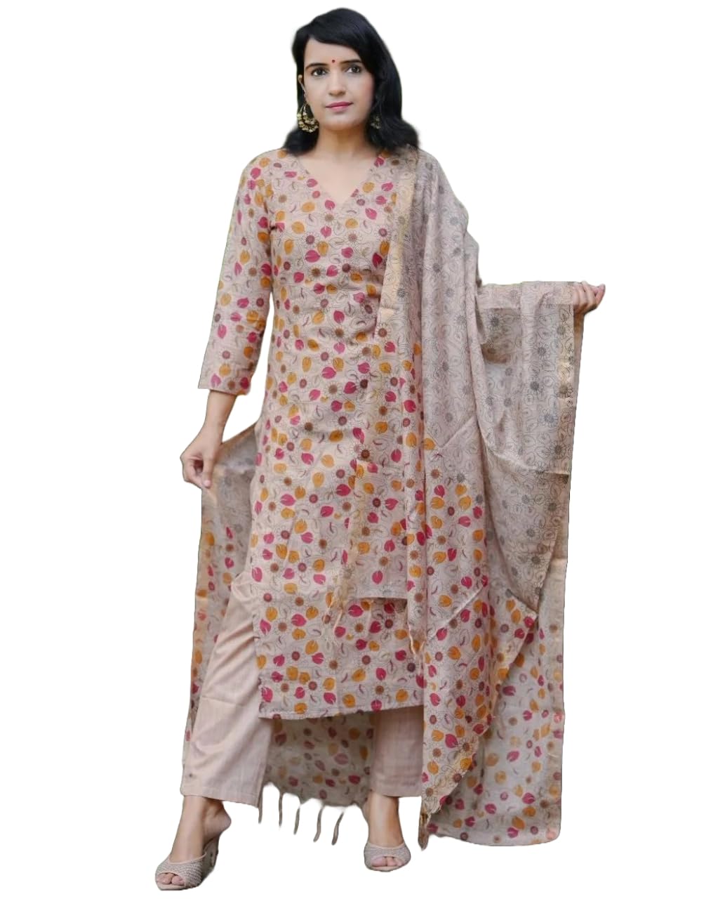 Gosriki Women'S Rayon Blend Straight Printed Kurta With Pant & Dupatta (Gojibery Beige-Gs_M_Beige_Medium),Beige,,B0DFCGRSGV